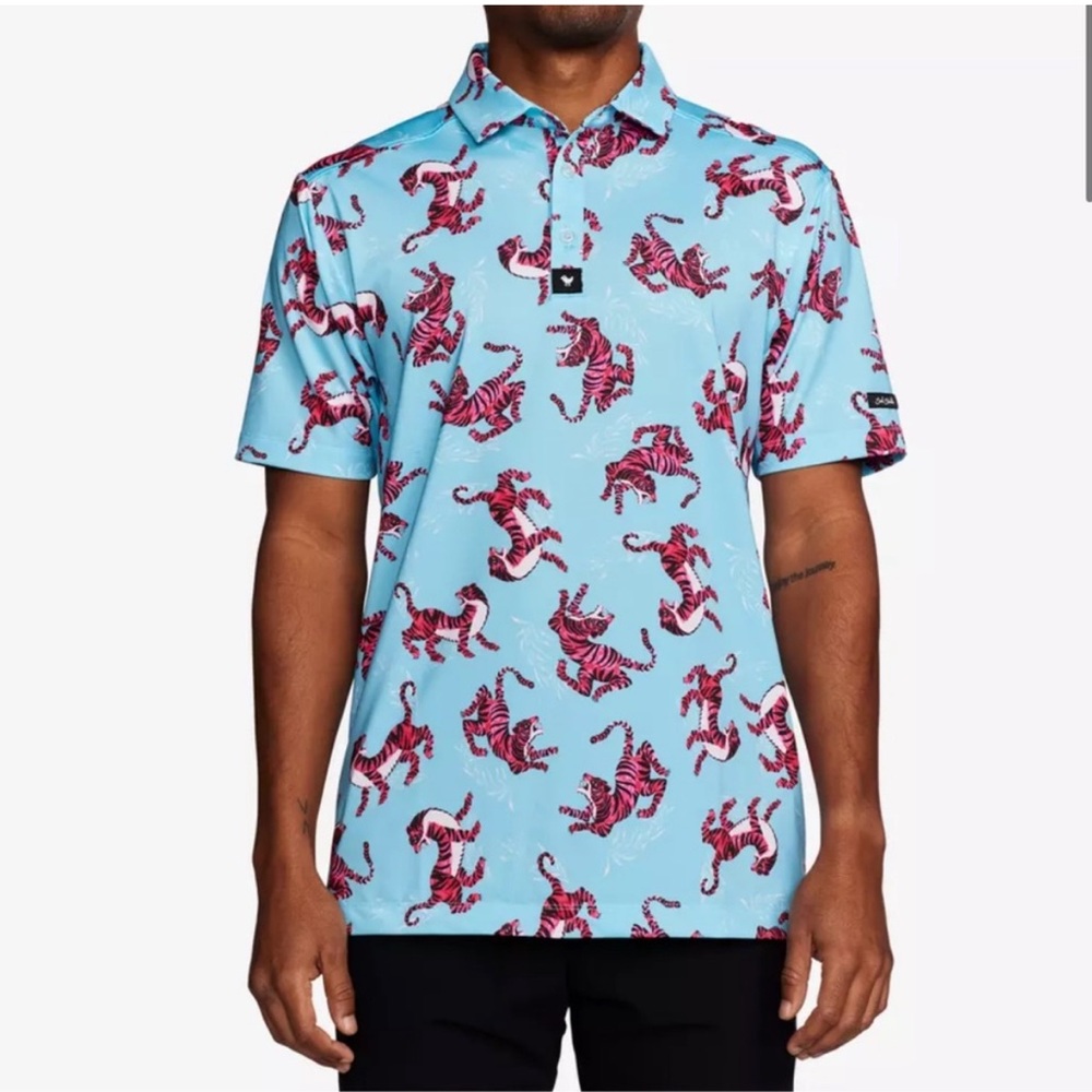 BAD BIRDIE Tiger Watch Golf Polo Blue & Pink Size large